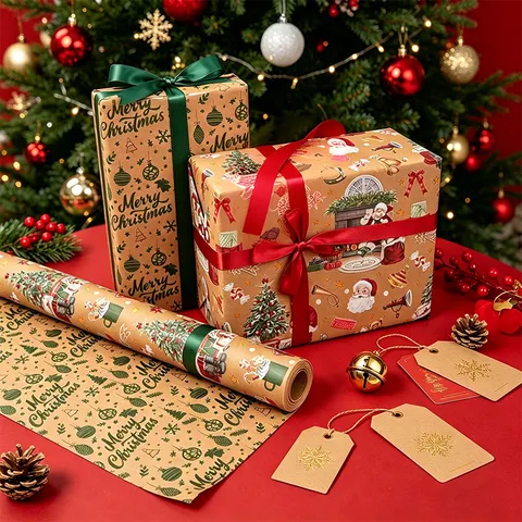 Weihnachten Geschenkpapier Rolle Beidseitig Kraftpapier Weihnachtsbaum Elch Weihnachtsmann DIY Bastelpapier Festliche Deko