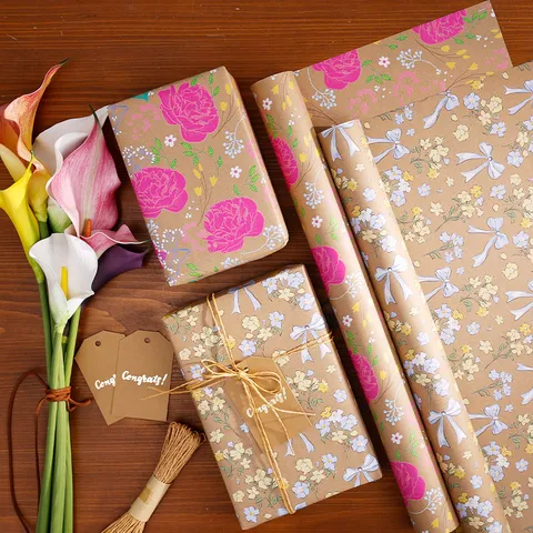 Vintage Floral Kraft Geschenkpapier Rolle Großes Cartoon Botanisches Blumenmuster Für Geschenkverpackung Geburtstag Party DIY Dekor