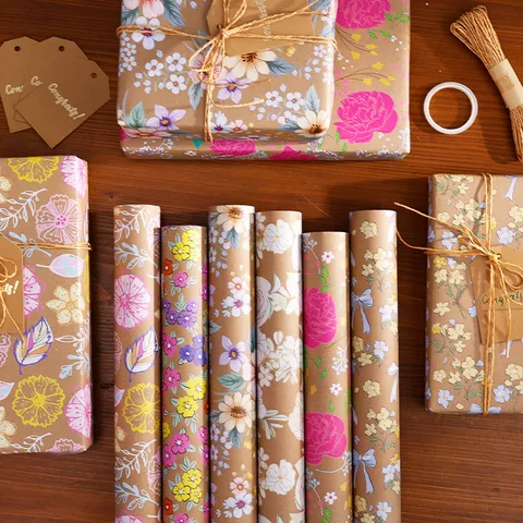 Vintage Floral Kraft Geschenkpapier Rolle Großes Cartoon Botanisches Blumenmuster Für Geschenkverpackung Geburtstag Party DIY Dekor