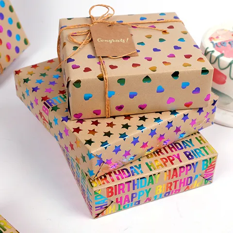 Rainbow Hot Stamping Kraft Wrapping Paper Roll For Birthday Valentine's Day Gift DIY Heart Star Stripe Polka Dot Pattern