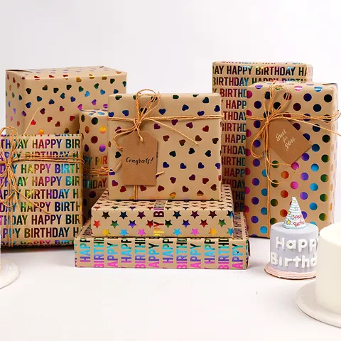 Rainbow Hot Stamping Kraft Wrapping Paper Roll For Birthday Valentine's Day Gift DIY Heart Star Stripe Polka Dot Pattern