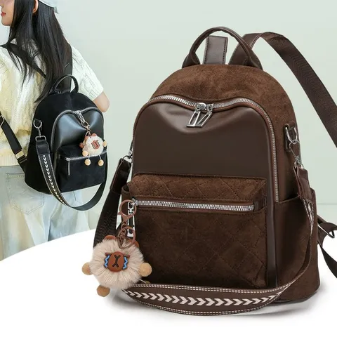 Women's Korean Quilted Backpack Fashion Minimalist Nylon Patchwork School Bag With Plush Charm Casual Travel Daypack