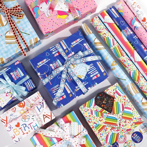 Papel de Regalo de Cumpleaños de Dibujos Animados Hojas de Papel Kraft para Fiesta Unicornio Pastel Vela Patrón DIY Envoltura de Regalos
