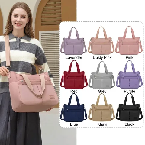 Borsa a Spalla da Donna in Nylon Poliestere di Grande Capacità Borsa a Tracolla Impermeabile Tinta Unita Multi-Tasche per Mamma