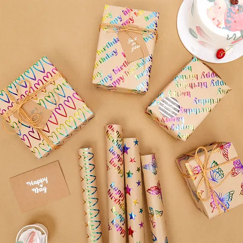 Vintage Laser Bronzing Kraft Gift Wrapping Paper Roll Heart Star Butterfly Pattern Birthday Festive Book Cover Wrap