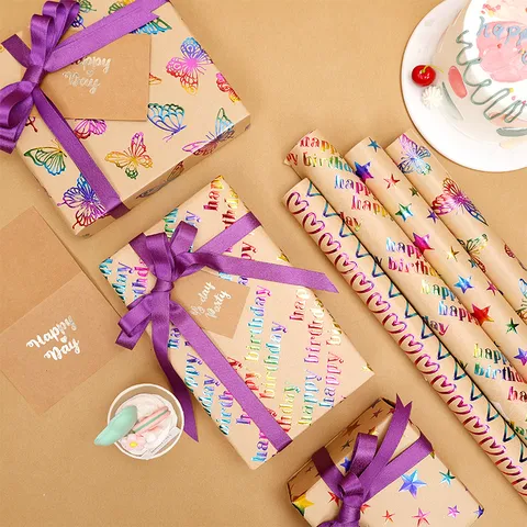 Vintage Laser Bronzing Kraft Gift Wrapping Paper Roll Heart Star Butterfly Pattern Birthday Festive Book Cover Wrap