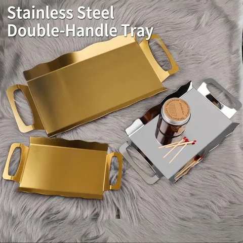 Modern Minimalist Stainless Steel Rectangular Tray With Double Handles Wave Edge Brushed Metal Serving Plate For Bread Cake Dessert Home Kitchen Decor