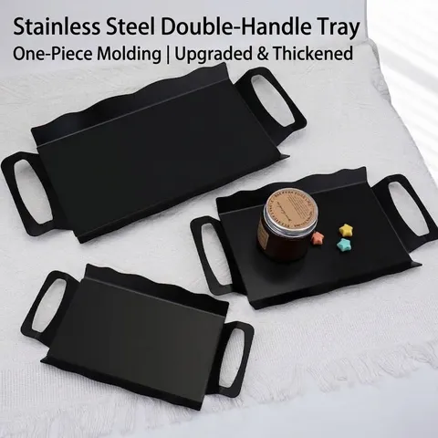 Modern Stainless Steel Rectangular Tray With Double Handles Matte Black Serving Plate For Tea Dessert Bread Storage Decorative Kitchen Tray