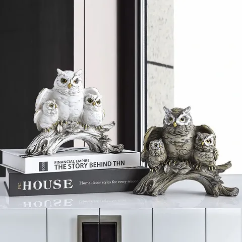 Retro Owl Resin Figurines Home Decor Ornaments Creative Animal Family Statues For Living Room Office Desktop Decoration European Style Owl Handicraft Gift