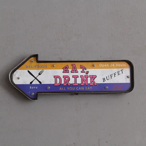 Enseigne Flèche LED en Fer Rétro Américain Décor Murale Vintage Industriel Eat Drink Buffet Panneau Lumineux Pour Restaurant Maison Bar