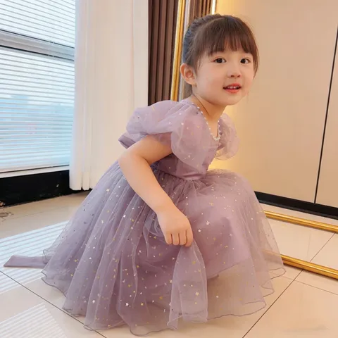 Girls Purple Princess Dress Lace Mesh Tulle Sequin Puff Sleeve Wedding Party Gown Summer Dress For Kids