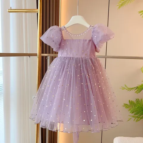Girls Purple Princess Dress Lace Mesh Tulle Sequin Puff Sleeve Wedding Party Gown Summer Dress For Kids