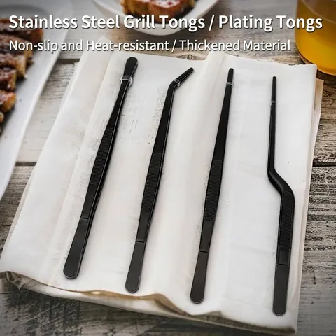 Professional 430 Stainless Steel Food Tongs Black Matte Plating Tweezers Korean BBQ Tongs Kitchen Food Clip Serving Tool Chef Plating Accessories