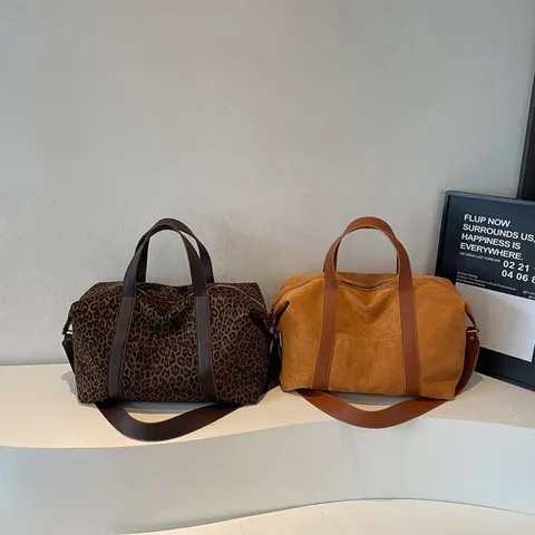 Borsa da Viaggio in Nylon Vintage Grande Capacità Moda Patchwork Pendolare Borsa Tote da Donna Spalla Crossbody Leopardo Duffel