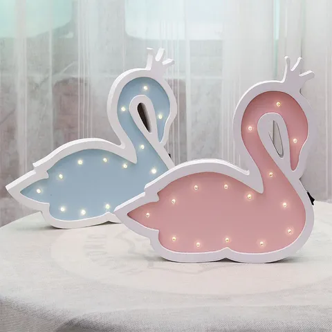 Ins Nordic Wooden Swan LED Night Light Creative Kids Room Decoration Wall Hanging Ornament Pink Purple Blue Home Decor