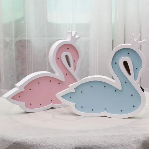 Ins Nordic Wooden Swan LED Night Light Creative Kids Room Decoration Wall Hanging Ornament Pink Purple Blue Home Decor