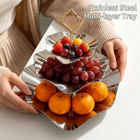 European Luxury 3-Tier Stainless Steel Fruit Plate Dessert Stand With Golden Handle Wavy Edge Tiered Serving Tray For Living Room Party Afternoon Tea Home Decor