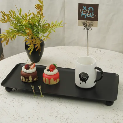 Minimalist Iron Rectangular Decorative Tray with Ball Feet Matte Black Serving Tray for Hotel Restaurant Dessert Display Home Organization