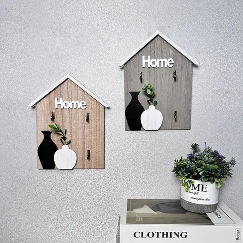 Creative House Shape Wooden Key Rack Wall Mounted Decorative Hooks with Home Letters Vase Pattern Entrance Storage Hook