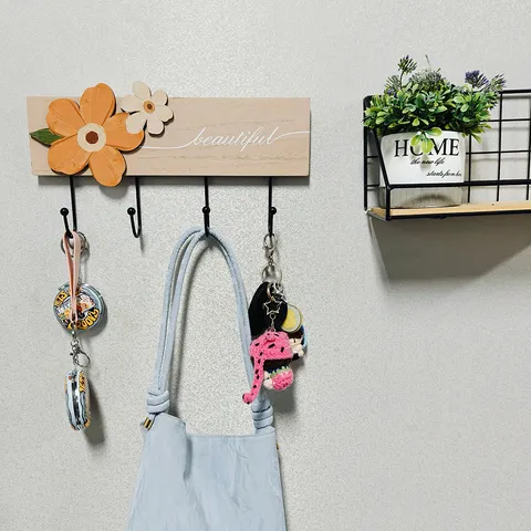 French Country Style Wooden Wall Mounted Coat Hook Decorative Hallway Key Hanger with Metal Hooks and Floral Decor