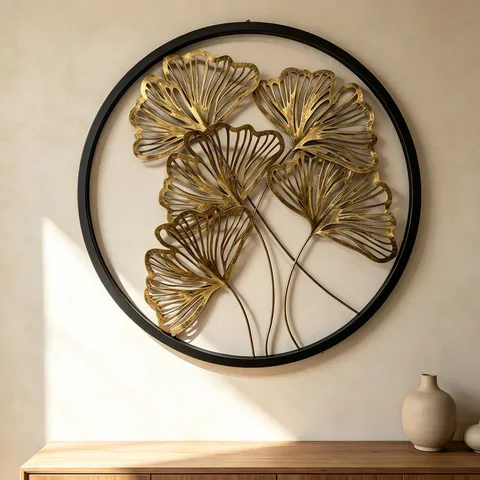Runde Wanddeko Aus Metall Ginkgoblatt Gold Schwarz Eisen Skulptur Für Wohnzimmer Eingang Leichter Luxus Wandbehang