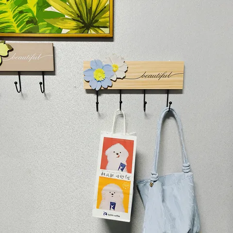 French Country Style Wooden Wall Mounted Coat Hook Decorative Hallway Key Hanger with Metal Hooks and Floral Decor