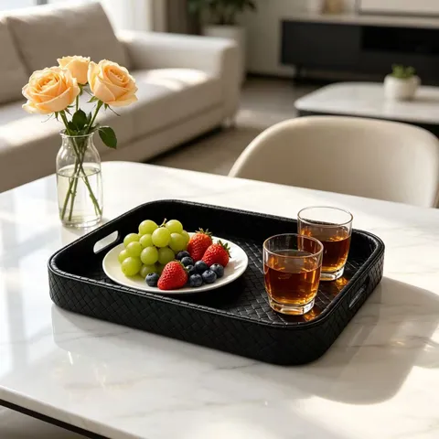 Minimalist Wooden PU Leather Decorative Tray Woven Pattern Square Storage Tray Set For Home Living Room Table Organizer