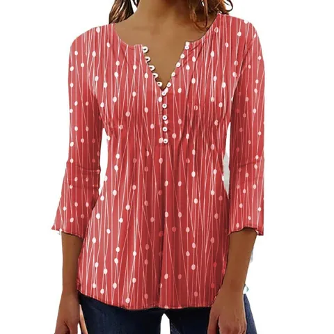Women Elegant V Neck Geometric Polka Dot Printed Satin Blouse Long Sleeve Button Decor Casual Top Shirt