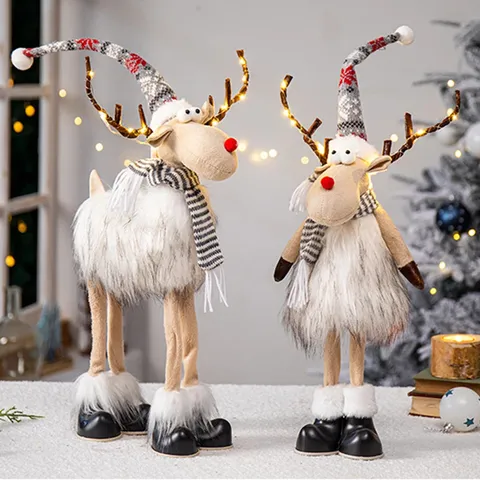 Kerst Rendier Pluche Pop Met LED Verlichting Gewei Gestreepte Sjaal Gebreide Muts Kerstversiering Tafel Raam Decoratie