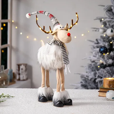 Kerst Rendier Pluche Pop Met LED Verlichting Gewei Gestreepte Sjaal Gebreide Muts Kerstversiering Tafel Raam Decoratie