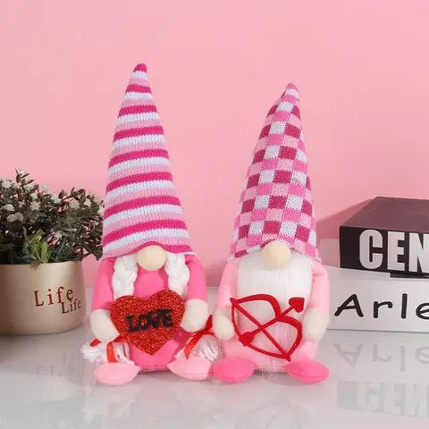Valentine Day Gnome Plush Cupid Heart Couple Doll Pink Stripe Plaid Hat Faceless Rudolf Doll Tabletop Decoration Valentine Gift Home Decor