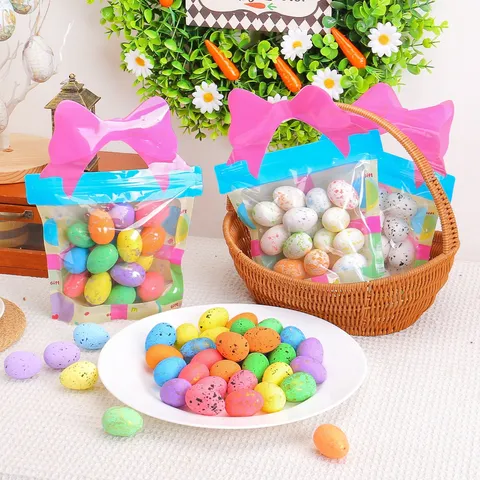 Artificial Foam Speckled Easter Eggs Set With Pink Bow Gift Bag DIY Wreath Decoration For Easter Party Favors Decor