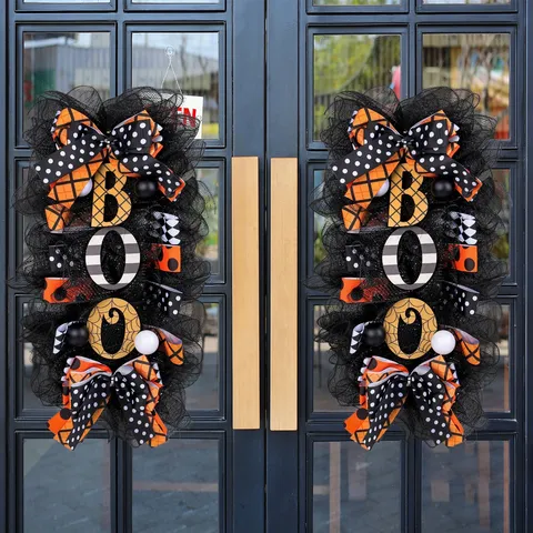 Halloween BOO Guirnalda Decoración Puerta Negro Naranja Malla Lazo Guirnalda Con Lunares Estampado Cuadros Para Fiesta