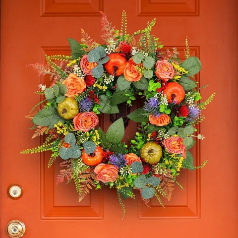 Artificial Autumn Pumpkin Wreath For Front Door Harvest Thanksgiving Decor Rose Eucalyptus Leaves Simulated Vine Hanging Garland
