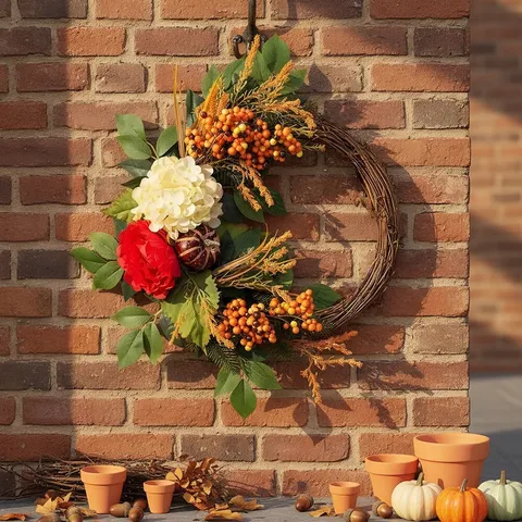 Artificial Harvest Festival Pumpkin Wreath With Hydrangea Rose Berries Autumn Fall Front Door PVC Flocked Wreath Decor