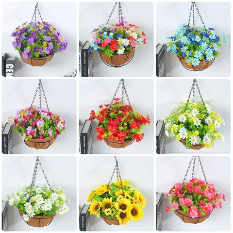 Cesto Sospeso di Fiori Artificiali Primaverili Decorazione Margherita Girasole Cesto in Ferro Seta Con Fodera in Cocco