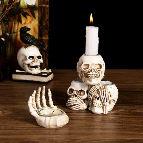 Halloween Resin Skull Ornaments Gothic Crow Wizard Meditation Yoga Skull Figurine Home Office Tabletop Decorative Craft Gift
