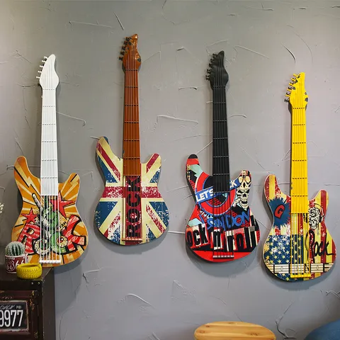 Décoration Murale Guitare Vintage en Fer-blanc et Bois Art Mural Style Industriel Rétro pour Bar Café Maison