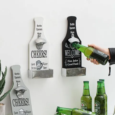 Abridor de Botellas de Pared Vintage de Madera Con Abridor de Aleación de Zinc y Recogedor de Tapones para Bar Restaurante Cocina Hogar