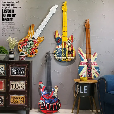 Décoration Murale Guitare Vintage en Fer-blanc et Bois Art Mural Style Industriel Rétro pour Bar Café Maison