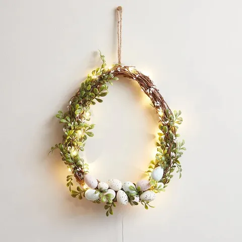 Easter Egg Wreath With Led Lights Artificial Flowers Speckled Eggs For Front Door Spring Decoration Wall Hanging Decor