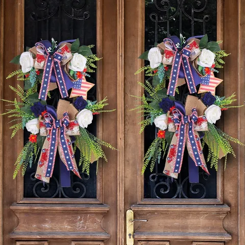 Couronne Artificielle de Jour de l'Indépendance Polyester Suspendue à la Porte Rouge Blanc Bleu Étoile Nœud Rose Verdure Guirlande de Vigne Décor de Fenêtre