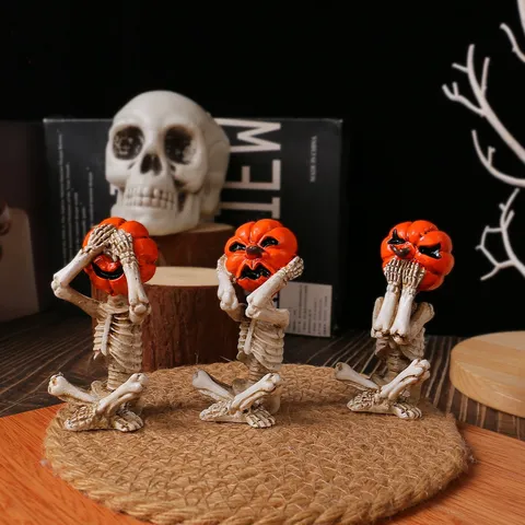 Halloween Meditation Yoga Pumpkin Head Skeleton Figurines Resin Horror Doll Ornaments Home Party Scene Props Decoration