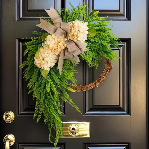Artificial Hydrangea Wreath Farmhouse Front Door Hanging Decor With Burlap Bow Rustic Green Leaf Wreath For Home Wall Decoration