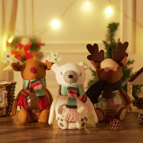 Christmas Candy Jar Transparent Plastic Gift Pot With Reindeer Polar Bear Plush Topper Festive Holiday Home Party Decor
