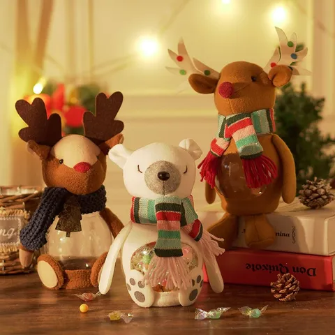 Christmas Candy Jar Transparent Plastic Gift Pot With Reindeer Polar Bear Plush Topper Festive Holiday Home Party Decor