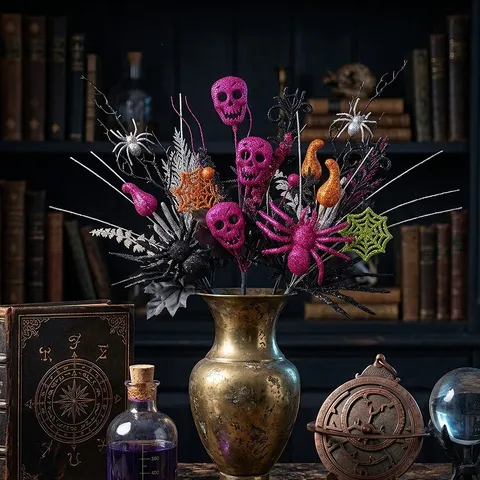 Halloween Dunkler Totenkopf Blumenstecker Gotik Party Deko Kürbis Spinne Zweig Glitzer Desktop Bar Ornament Zubehör