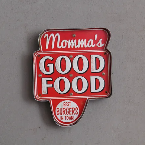 Retro Amerikanischer Stil LED Beleuchtetes Eisen Wandschild Momma's Good Food Metallplakette Für Bar Restaurant Cafe Heimdekor Vintage Wandkunst
