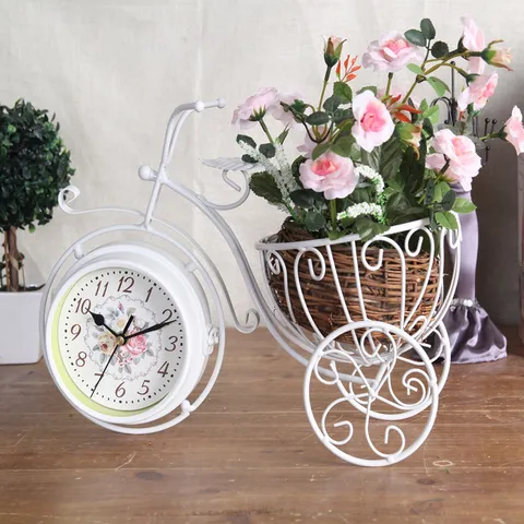 Kreative Eisen Fahrrad Schreibtischuhr Mit Blumenkorb Minimalistische Tisch Doppelseitige Uhr Heim Büro Dekoration Ornament