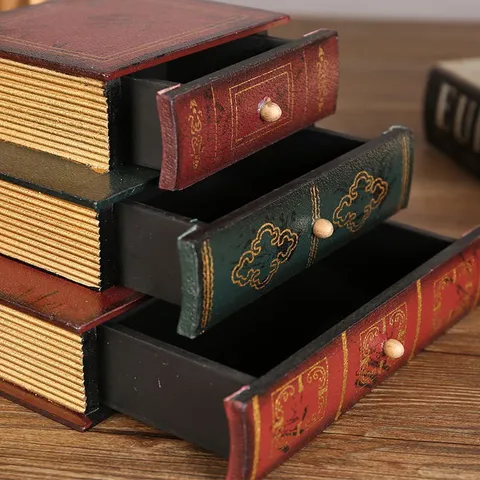 European Vintage Wood Book Shaped Jewelry Storage Box Set Retro Decorative Dressing Table Organizer Drawer Style Home Decor